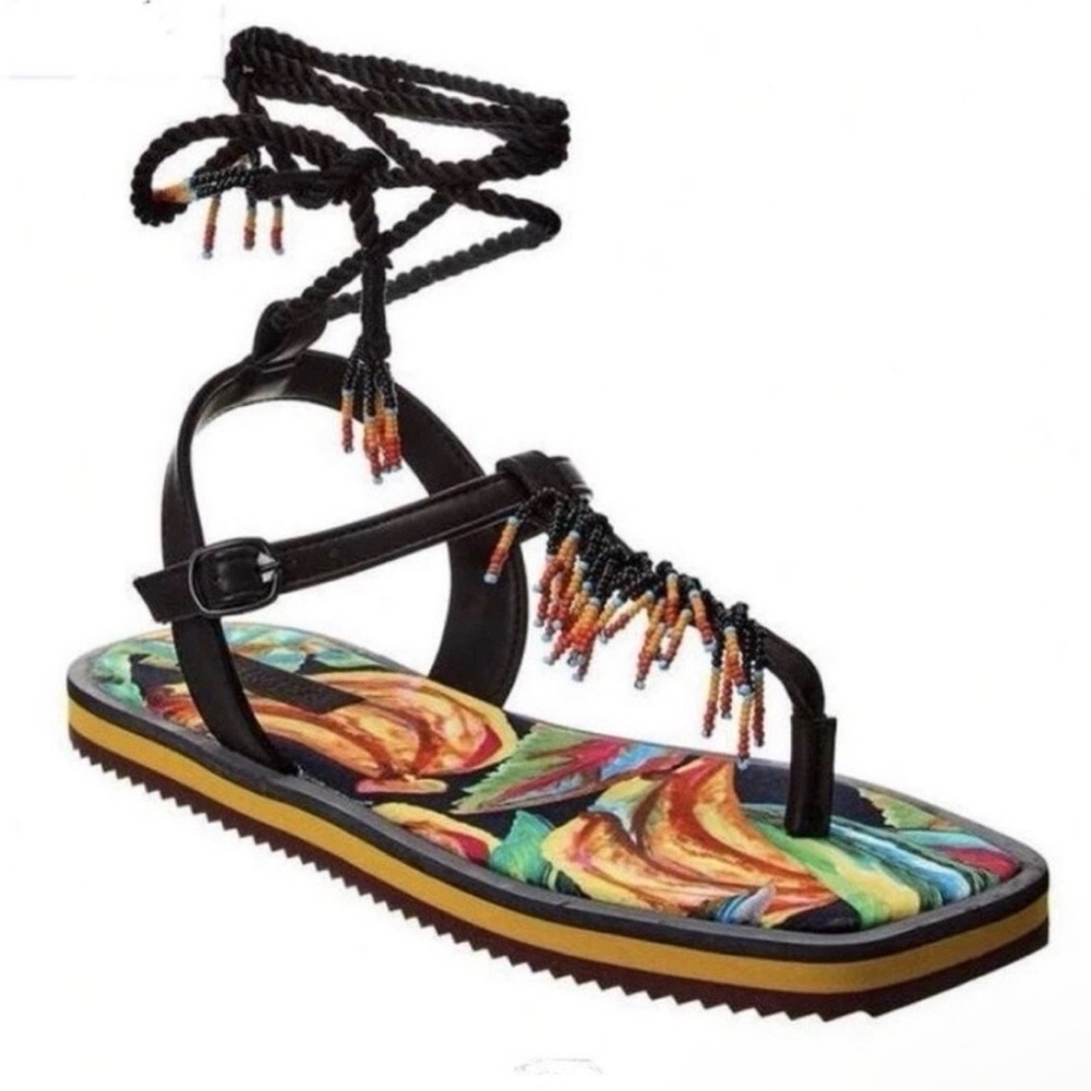 FARM RIO Beaded Pietra Flat Sandal In Black Banana Size 7 - Picture 11 of 11